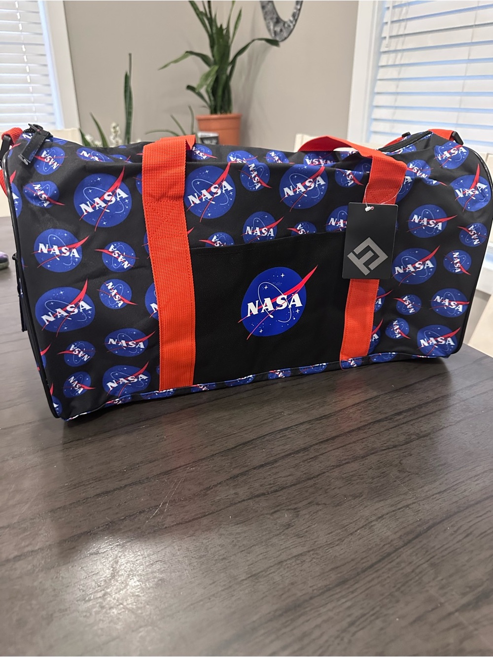 NASA Logo Print Large Black Duffle Bag Orange Double Handles Zip, Outer Pockets